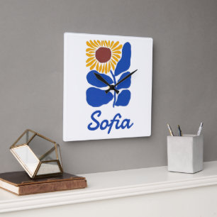 Personalized Retro Floral Daisy Custom Name Gift Square Wall Clock