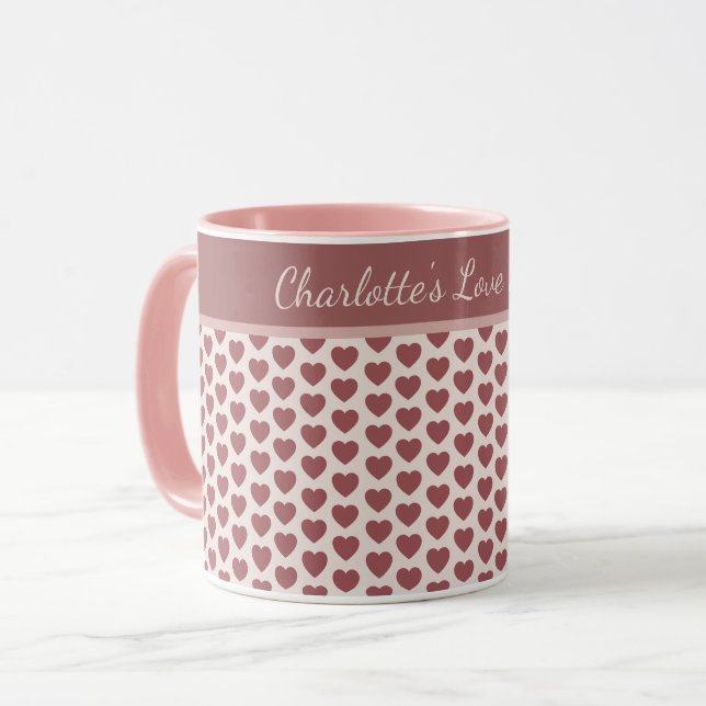 Personalized Retro Hearts Pink Burgundy Mug (Front Left)