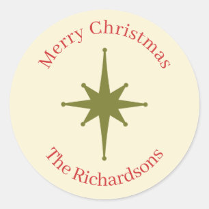 Personalized Retro Midcentury Christmas Red Green  Classic Round Sticker