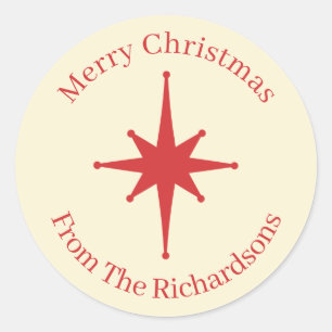 Personalized Retro Midcentury Christmas Red Star Classic Round Sticker