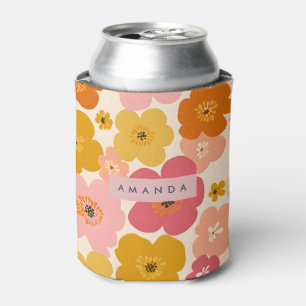 Personalized Retro Mustard and Pink Floral Blooms Can Cooler