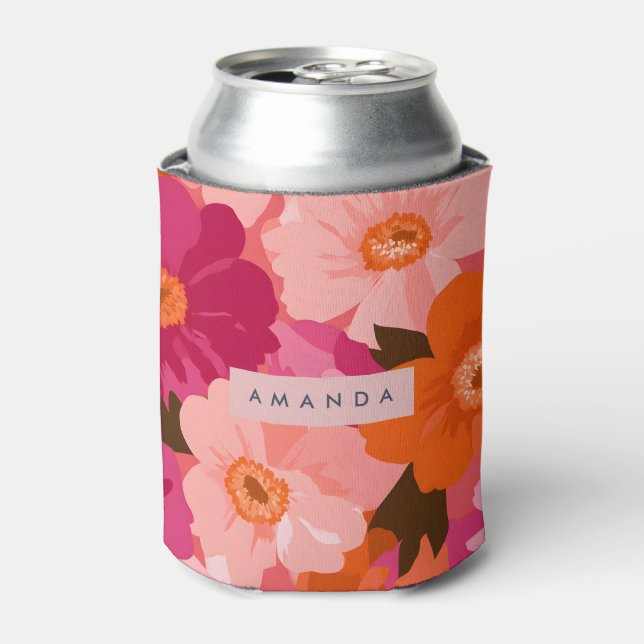 Personalized Retro Pink and Orange Floral Can Cooler (Can Front)