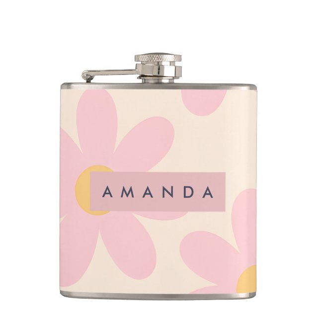 Personalized Retro Pink Daisy Floral Hip Flask (Front)