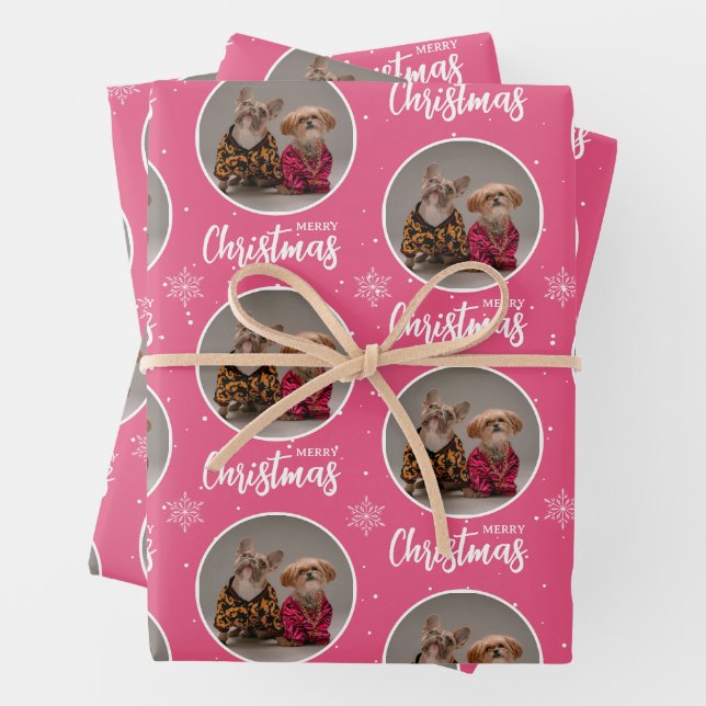 Personalized Retro Pink Merry Christmas 1 Photo Wrapping Paper Sheet (In situ)