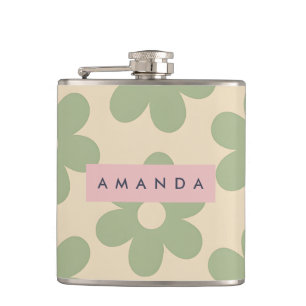 Personalized Retro Sage Green Daisy Flower Hip Flask