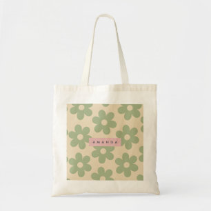Personalized Retro Sage Green Daisy Flower Tote Bag