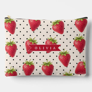 Personalized Retro Strawberry Polka Dot Vintage Accessory Pouch