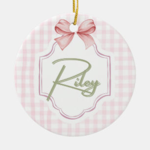 Personalized Riley Baby Girl Nursery Bow&Gingham Ceramic Ornament