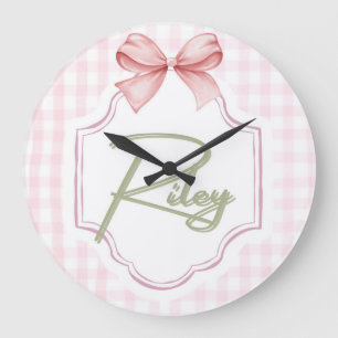 Personalized Riley Baby Girl Nursery Bow&Gingham  Large Clock