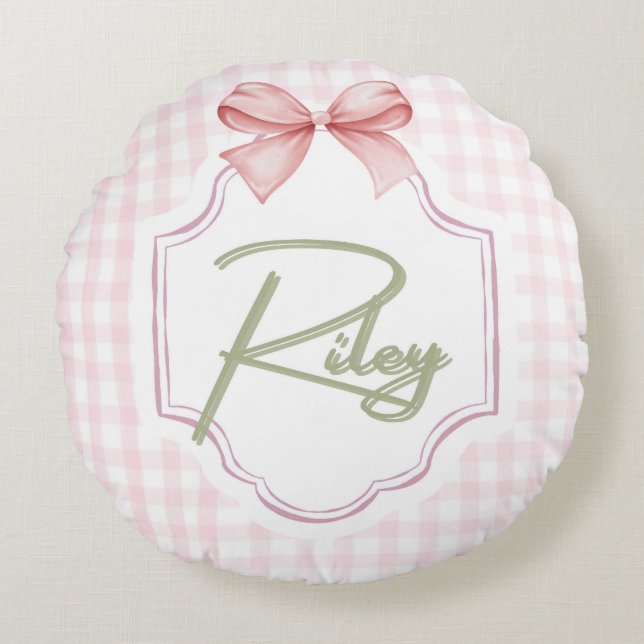 Personalized Riley Baby Girl Nursery Bow&Gingham  Round Cushion (Front)