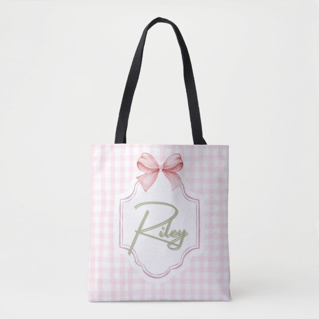 Personalized Riley Baby Girl Nursery Bow&Gingham  Tote Bag (Front)
