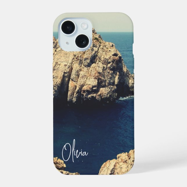 personalized rocky shore line beach side - typo iPhone 15 case (Back)