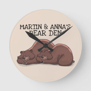 PERSONALIZED ROMANTIC GRIZZLY BEAR DEN ROUND CLOCK