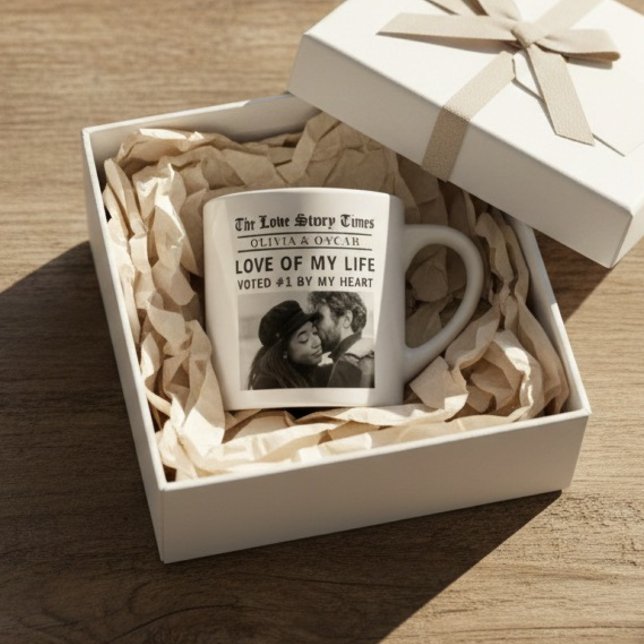Personalized Romantic Photo | Love Story Newspaper Espresso Cup (Creator Uploaded)