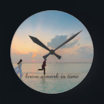 Personalized Romantic Photo Round Clock<br><div class="desc">Create a truly personal keepsake with this stunning wall clock featuring a breathtaking sunset over the ocean where two silhouettes run toward the horizon. Fully customizable – upload your own photo (couple, family, friends, pet, or any cherished moment) and change the quote to whatever you want. Perfect for weddings, anniversaries,...</div>