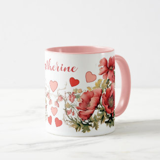 Personalized Romantic Vintage Poppies and Hearts Mug