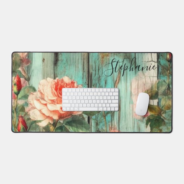Personalized Rose and Turquoise Rustic Desk Mat (Keyboard & Mouse)