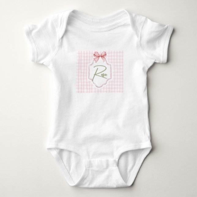 Personalized Rose Baby Girl Nursery Bow&Gingham Baby Bodysuit (Front)