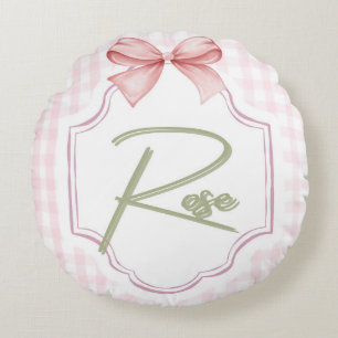 Personalized Rose Baby Girl Nursery Bow&Gingham Round Cushion
