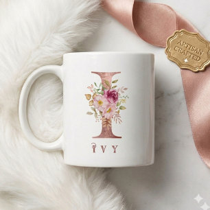 Personalized Rose Gold Floral Letter I Monogram Coffee Mug