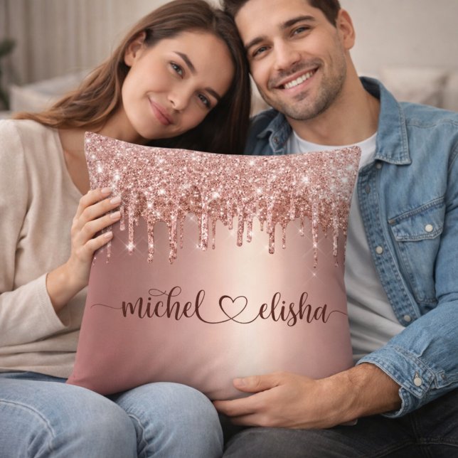 Personalized Rose Gold Glitter Drip Couple Names Cushion (Creator Uploaded)