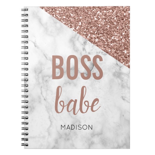 Personalized Rose Gold Glitter | Marble  Boss Babe Notebook (Front)
