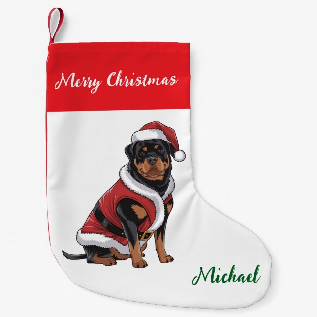 Personalized Rottweiler Dog in Santa Hat  Small Christmas Stocking (Front)