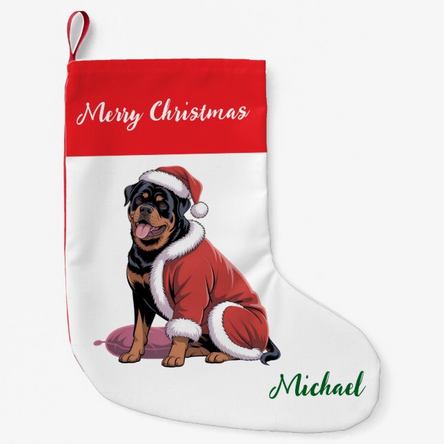 Personalized Rottweiler Dog in Santa Hat  Small Christmas Stocking (Front)