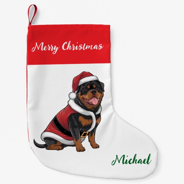 Personalized Rottweiler Dog in Santa Hat  Small Christmas Stocking (Front)