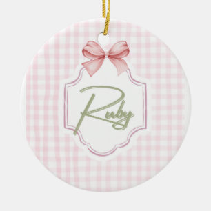 Personalized Ruby Baby Girl Nursery Bow&Gingham Ceramic Ornament