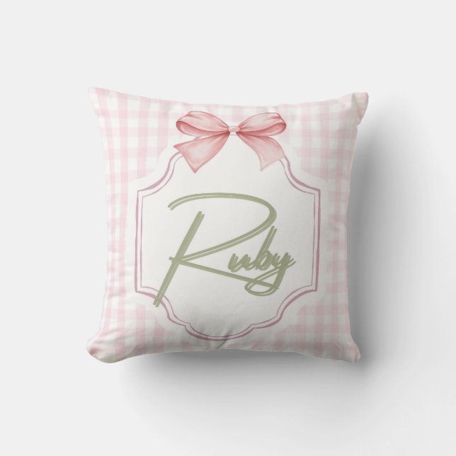 Personalized Ruby Baby Girl Nursery Bow&Gingham Cushion (Front)