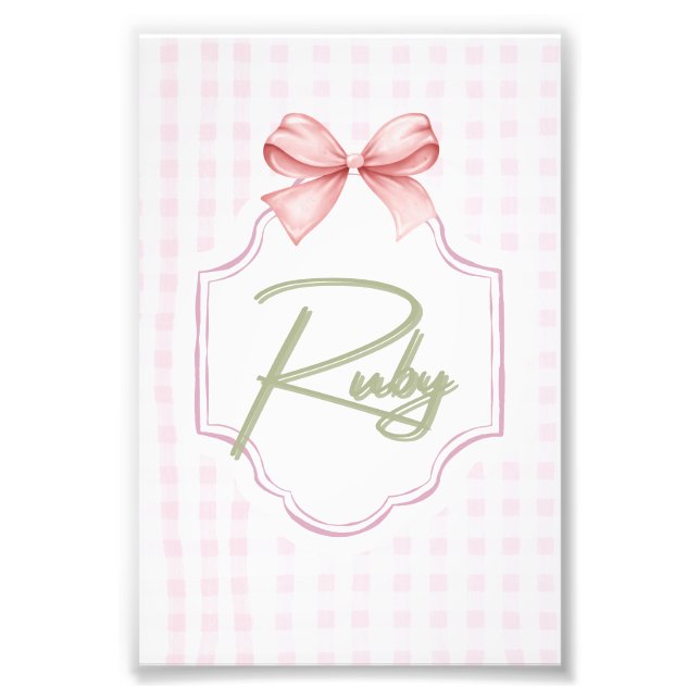 Personalized Ruby Baby Girl Nursery Bow&Gingham Photo Print (Front)