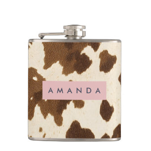 Personalized Rustic Brown Cowhide Print Hip Flask