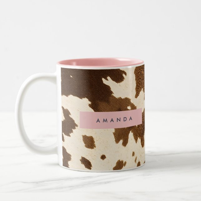 Personalized Rustic Brown Cowhide Print Two-Tone Coffee Mug (Left)
