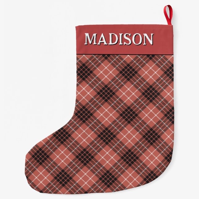 Personalized Rustic Christmas Red Plaid Pattern Large Christmas Stocking (Back)
