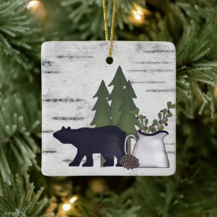 Personalized Rustic Country Bear Birch Christmas Ceramic Ornament