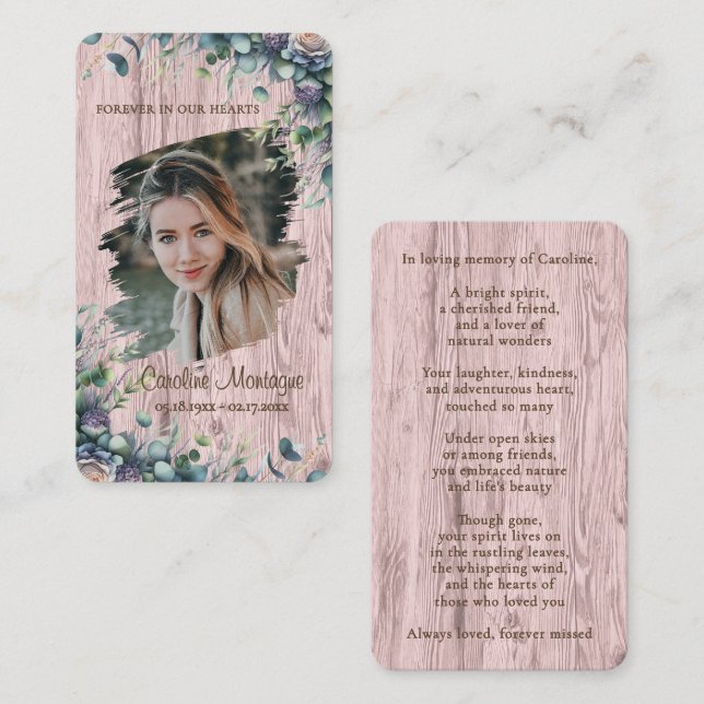 Personalized Rustic Floral Photo Memorial Card (Front/Back)