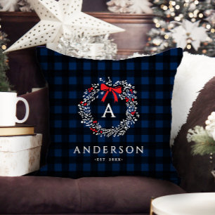 Personalized Rustic Holiday Wreath Buffalo Plaid Cushion