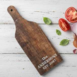 Personalized rustic old scratched wood cutting board