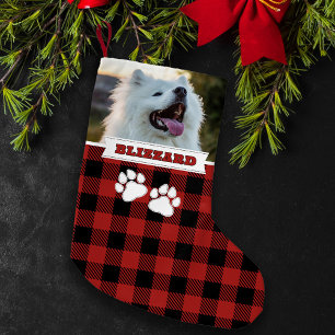 Personalized Rustic Red Buffalo Dog Name Photo Small Christmas Stocking