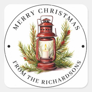 Personalized Rustic Red Lantern Christmas Holiday Square Sticker