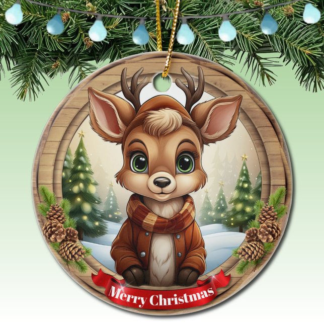 Personalized Rustic Xmas Pine Wood Decor 🦌🎄 Ceramic Ornament (Personalized Rustic Xmas Pine Wood Decor. Framed Wooden Pinecone Custom Deer Holiday Decoration 🦌🎄)