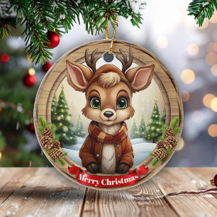 Personalized Rustic Xmas Pine Wood Decor 🦌🎄 Ceramic Ornament
