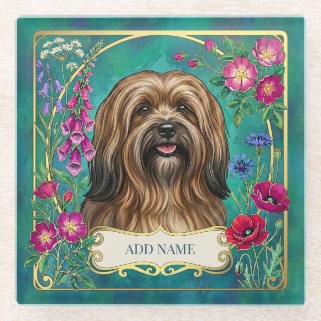 Personalized Sable Lhasa Apso Floral Glass Coaster (Front)