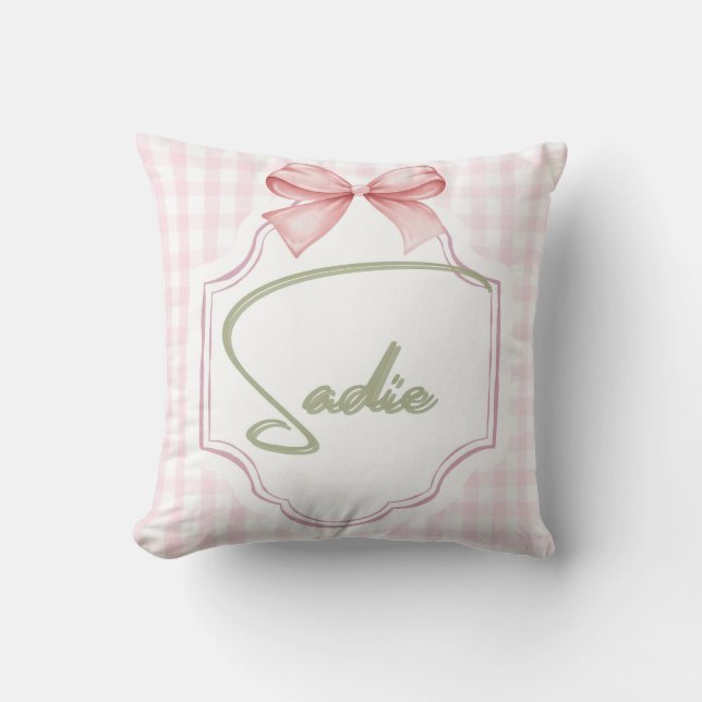 Personalized Sadie Baby Girl Nursery Bow&Gingham Cushion (Front)