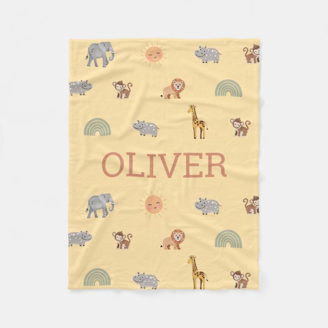 Personalized Safari Animal Baby Blanket with Name (Front)