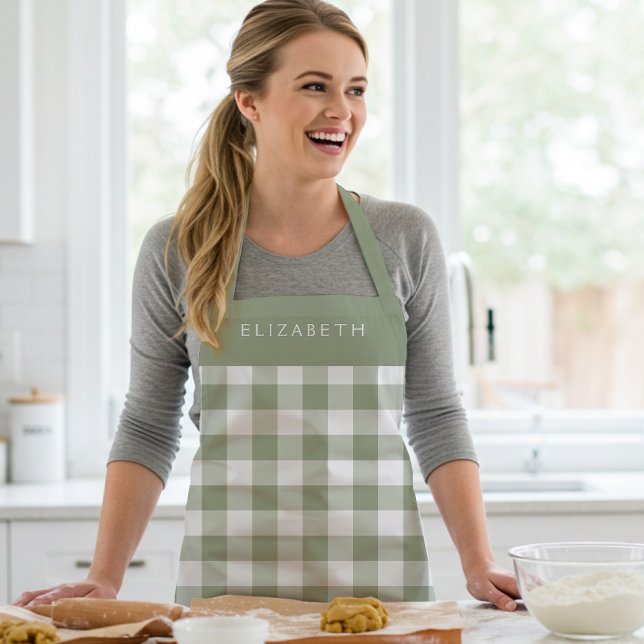Personalized Sage Green Gingham Check Pattern Apron (Creator Uploaded)
