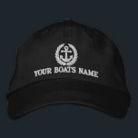 Personalized sailing boat captains embroidered hat<br><div class="desc">Personalized boat name with a yellow nautical anchor and laurel leaf themed sailing captains cap with an embroidered anchor motif and your custom sail or motor boats name, Customize the golden yellow of the embroiderey text to coordinate with the color of your hat Visit the CUSTOMTHREADS STORE for matching sailor...</div>