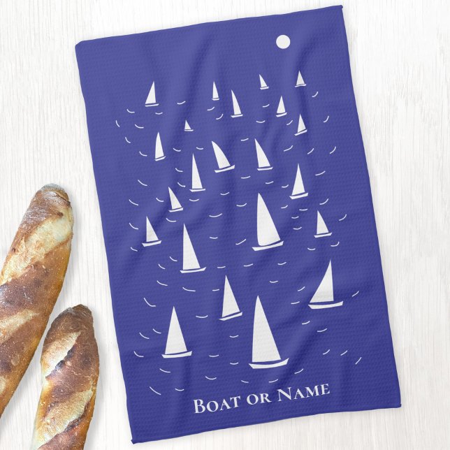 Personalized Sailing Boat Nautical Tea Towel (Sailing boat yacht personalized boat name kitchen towel)