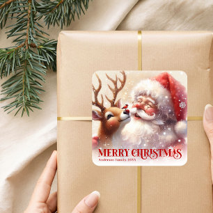 Personalized Santa and Rudolph Cute Christmas Kids Square Sticker